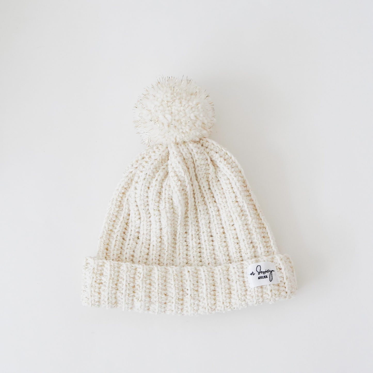 Crochet-Pompom-beanie-Ecru-gold-handmade